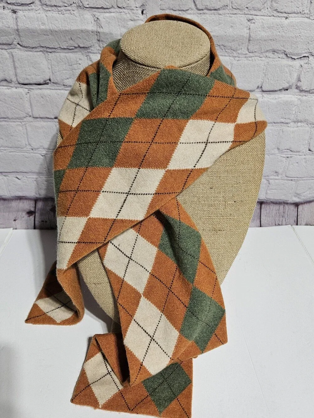 Peter Millar Argyle Pattern Orange, Green & Cream Scarf - Classic Cashmere 100%